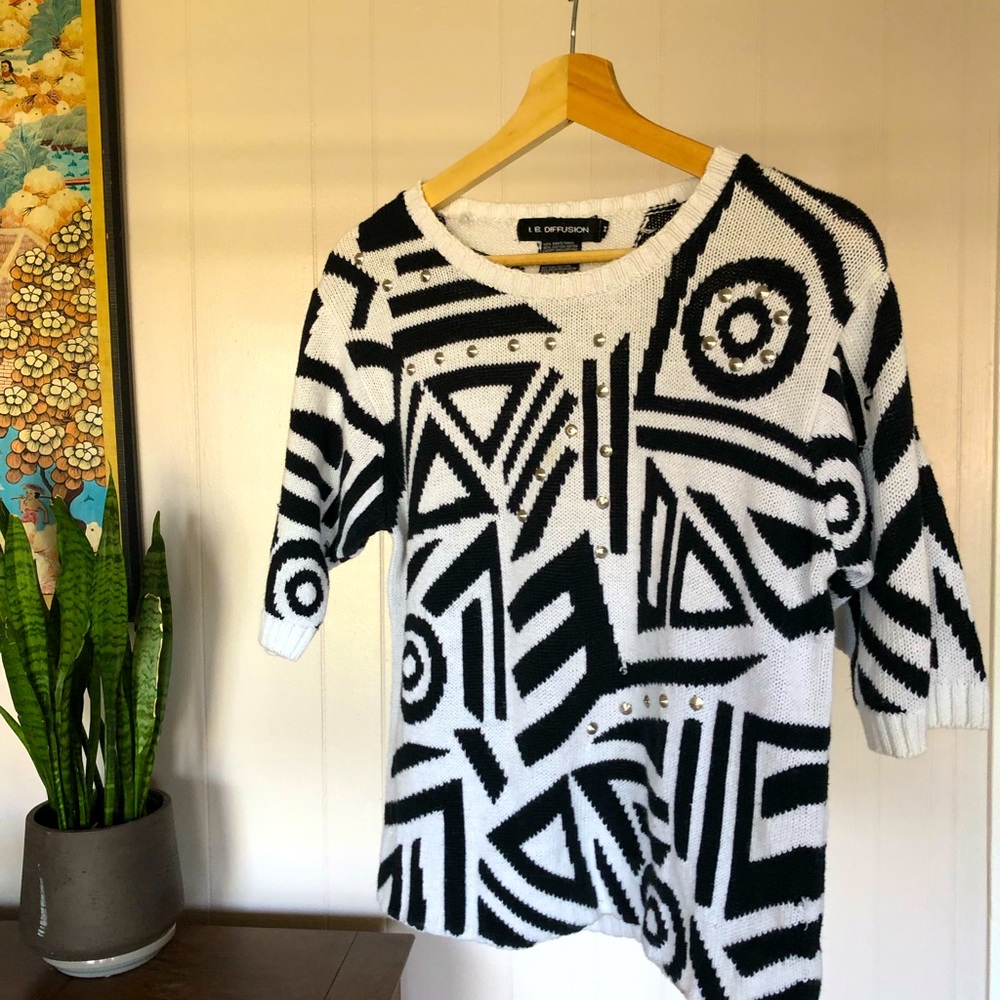 Vintage sweater top with bold shapes and silver studs